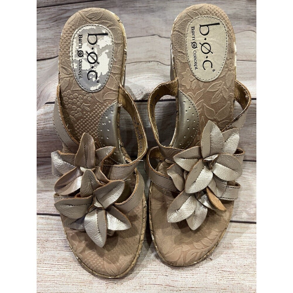 B.O.C. Women’s Leather Metallic Taupe Wicker Wedge Thong Sandals Size 8